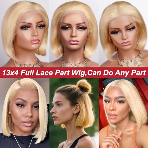 613 Blonde Bob Wigs Human Hair 13x4 HD Lace Front Bob Wig Remy Human Hair Pre Plucked With Baby Hair for Women, 10 Inch Honey Blonde 613 Lace Frontal Wig Glueless Straight Short Bob Wigs 180 Density