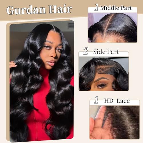 13x6 Body Wave Lace Front Wigs Human Hair Pre Plucked Real Human Hair Wigs 200 Density HD Transparent Lace Frontal Wigs Natural Black Glueless Wig 24 Inch