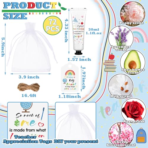 72 Set Christmas Teacher Appreciation Gifts Hand Cream Set Moisturizing Hand Lotion Thank You Teacher Gifts Travel Size with Cards Organza Bags for Dry Cracked Mother's Day