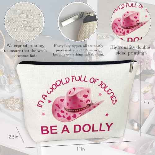 Pink Western Hat makeup bag, In a World Full of Jolenes be a Dolly Travel Costumes Cosmetic Bags, Dolly Gifts for Women Music Lovers Fans Sister Daughter Teachers Halloween Birthday Christmas