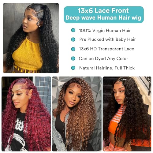 Deep Wave Lace Front Wigs Human Hair Pre Plucked 30inch 13x6 Deep Wave HD Lace Frontal Wig With Baby Hair 180 Density Glueless Deep Curly Human Hair Wigs for Women