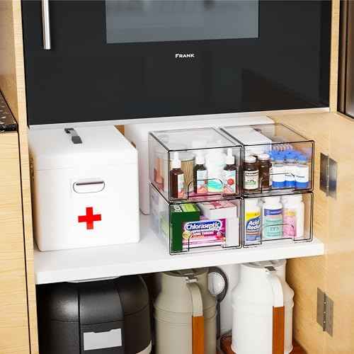 Yieach 4 Pack Clear Stackable Storage Drawers,4.4'' Tall Acrylic Drawer Containers for Organizing,Bathroom Organizers and Storage Bin Box,Plastic Makeup,Medicine Organizer Bins for Cabinet,Undersink