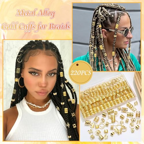 220PCS Gold Hair Jewelry Dreadlock Cuffs Braids Clips Metal Hair Cuff Rings Loc Charms Hair Beads Decorations Accessories for Women