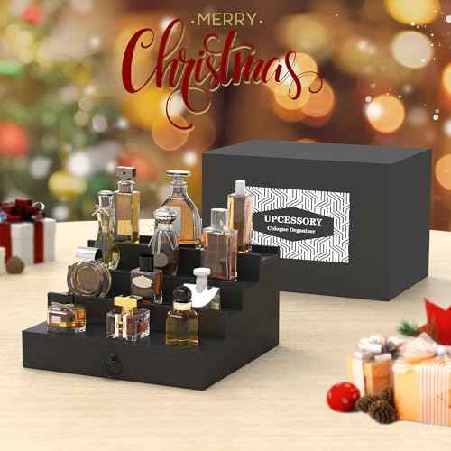 Cologne Organizer for Men, 4 Tier Black Wood Perfume Organizer with Felt Lining Drawer and Hidden Compartment, Perfume Display Holder, A Gift for Men