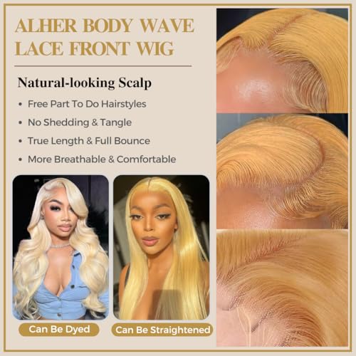 ALHER #27 Honey Blonde Lace Frontal Wig Human Hair Body Wave 180% Density, Blonde Colored 13x4 HD Lace Front Wig Pre Plucked With Baby Hair Ear to Ear, 100% Virgin Remy Hair for Black Women 22 IN