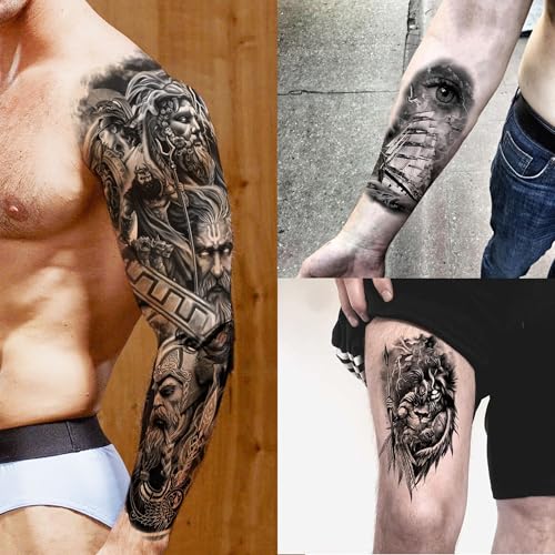 20 Sheets Black Zeus God Full Arm Temporary Tattoos For Men Adults Thigh, Bulk Temp Egypt Judgement God Albis Medusa Poseidon Fake Sleeve Tattoos For Women, Halloween Tattoo Sticker Anchor Ship Faith