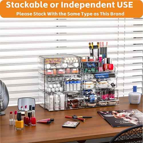 Acrylic Clear Makeup Organizer Countertop,Stackable Skincare Organizer for Vanity With 11 Drawer,Large Plastic Desk Accessories Organization,Bathroom Cosmetic Organizer Countertop for Beauty,Skin Care