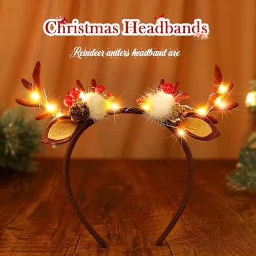 Fashey Christmas Light Up Headband Led Glitter Reindeer Antlers Hairband Flashing Deer Ears Xmas Headbands Christmas Headdress Hair Accessories for Women and Girls