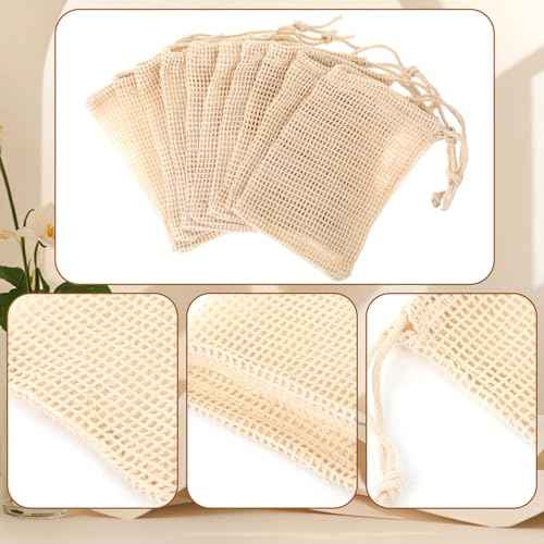 10 PCS Soap Bags Natural Sisal Soap Saver for Foaming and Drying Bubble Mesh Soap Scrubber Pouch Handmade Cotton Bag with Drawstring Body Facial Cleaning Bath Shower Tool