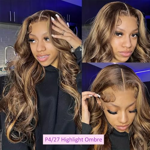 22 Inch 5x5 HD Lace Closure Wigs Human Hair Body Wave Wear and Go Glueless Wigs Pre Plucked Pre Cut P4/27 Honey Blonde Highlight Ombre Lace Front Wig Human Hair Wig 180% Density
