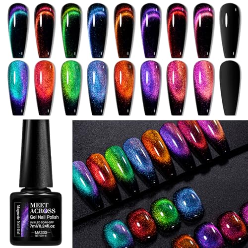 MEET ACROSS 12D Cat Eye Gel Nail Polish Set, Colorful Holographic Cat Eye Glitter Gel Polish Blue Purple Green Nail Gel Polish Kit with Base Top Coat and Magnet Soak Off Nail Art Gel DIY Salon Gift