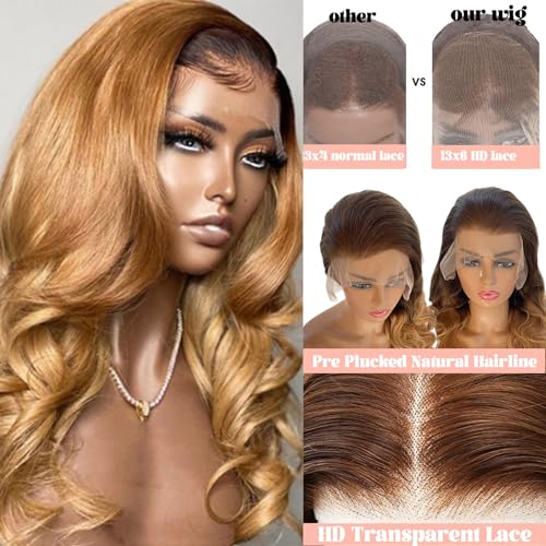Smavida Highlights Blonde Lace Front Wigs Human Hair,13x6 Honey Blonde HD Lace Front Wig Pre Plucked with Baby Hair Highlight Ombre 4/27 Body Wave Lace Frontal Wig for Women 150% Density 22 Inch