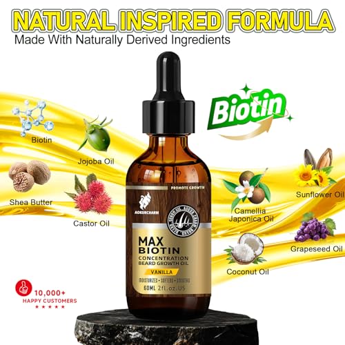 Biotin Beard Growth Oil for Men - Vitamin B5 & Castor Oil Formula, Promote Thicker Fuller Beard, Daily Care, Styling & Taming, Hydrating, Lightweight Non-Greasy, Vanilla 2oz Gift for Him
