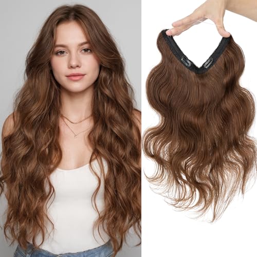 Halo Hair Extensions Real Human Hair Invisible Wire Extensions with Transparent Fish Line Wavy Curly Halo Clip in Human Hairpieces Medium Brown 18 Inch