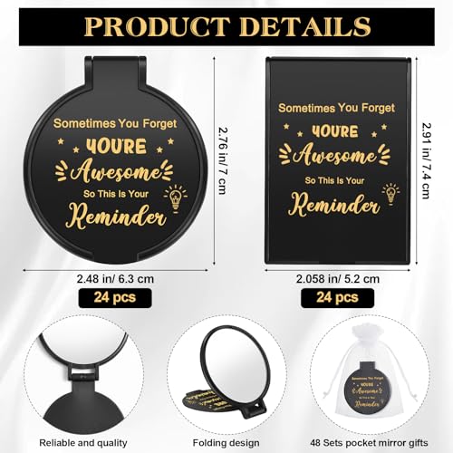 Geetery 48 Sets Inspirational Compact Mirror Bulk Round Makeup Glass Purse Pocket Mini Hand Folding Makeup Mirror with Gift Bags for Thanksgiving Christmas Women Coworker Friends