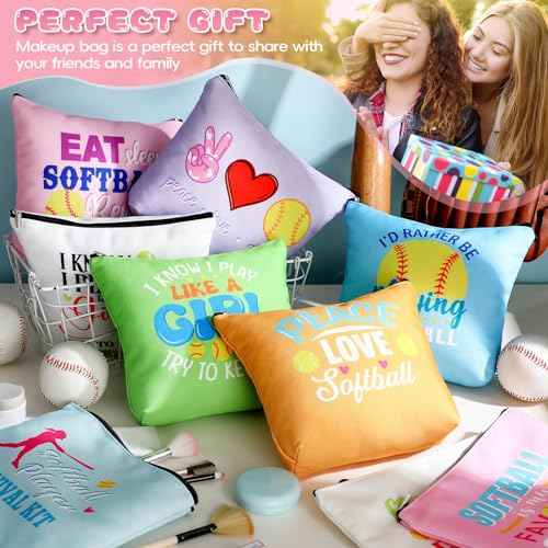 10 Pcs Softball Gifts Makeup Bags Softball Cosmetic Goodie Bag Bulk with Zipper Sport Theme Waterproof Travel Case for Christmas Women Lovers Team Gifts Female Coworkers Friends BFF Besties