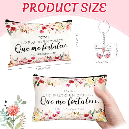 24 Pcs Spanish Christian Gift Set - 12 Women Makeup Bags Bulk & 12 Butterfly Keychains Inspirational Bible Verse Cosmetic Bags Religious Gifts for Women Regalos Religiosos Para Mujer En Espa?ol