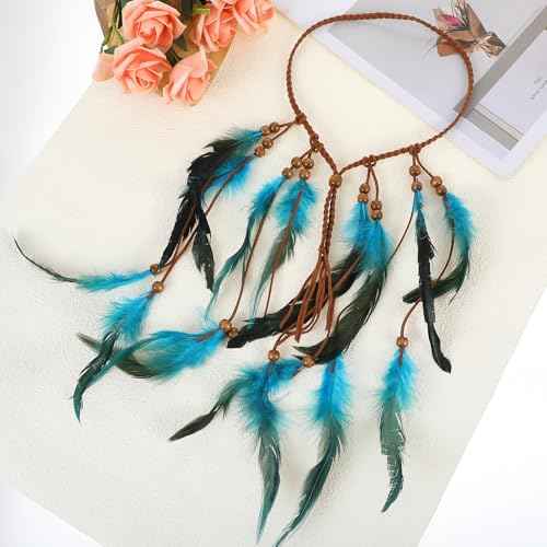 Indian Headdress, Boho Indian Feather Headband, Native American Headband, Hippie Headbands for Women, Native American Headdress, Native American Hair Accessories for Women and Girls Blue