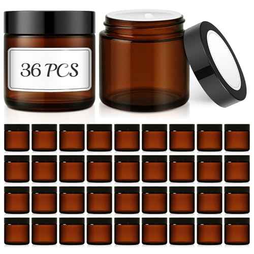 4 oz Small Glass Jars with Lids, Bumobum 36 Pack Amber Glass Cosmetic Jars with Inner Liners, 120ml Round Empty Sample Containers with Blank Labels for Cream, Body Scrub, Lotion