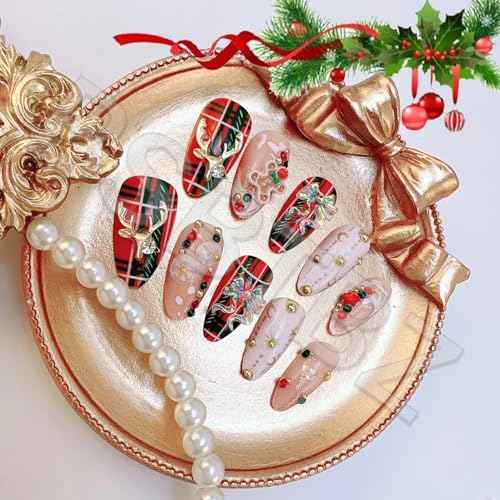 24Pcs Christmas Fake Nails Luxury Handmade Press on Nails with 3D Bow Elk Rhinestone Charm Designs Cute Gingerbread Almond False Nails Nail Tips Full Cover Red Plaid Deer DIY Xmas Nails for Women