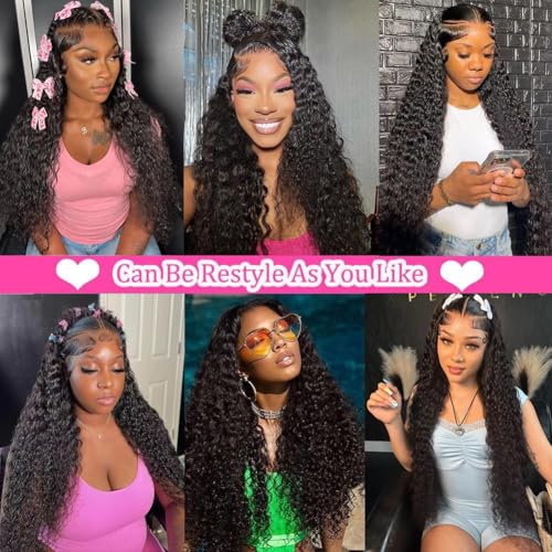13x6 Deep Wave Lace Front Wigs Human Hair 200% Density HD Lace Frontal Wigs 12A Glueless Curly Wigs Human Hair Pre Plucked with Baby Hair Wet And Wavy Wigs for Black Women Natural Black 20 inch