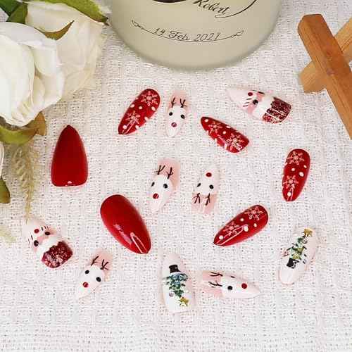 Christmas Press on Nails for Women Girls Holiday Manicure, Short Almond Fake Nails with 3D Pearl Christmas Tree Designs, Full Cover Reusable Acrylic False Nails 24Pcs