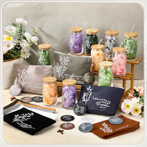 Fumete Christian Gift for Women Sunday School Teacher Thanksgiving Flower Makeup Bag Bible Verse Coffee Cup with Bamboo Lid Straw Pastor Wife Mini Compact Mirror Religious Church Gift(Bible-d,10 Sets)