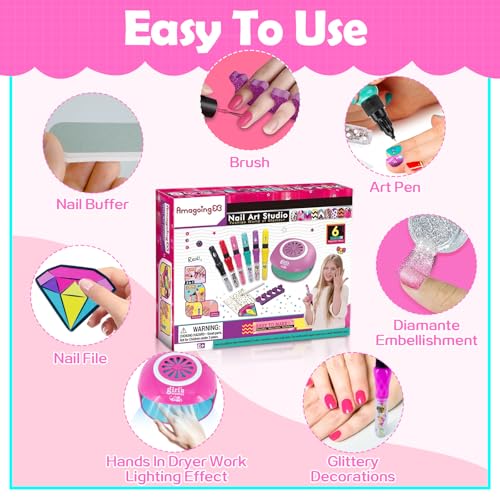 Kids Nail Polish Set for Girls,Kids Nail Art Kit for Girls Ages 7-12 Years Old Cool Girly Gifts with Nail Polish, Pen, Nail Dryer, Stickers, Glitter, Makeup Gift for Birthday