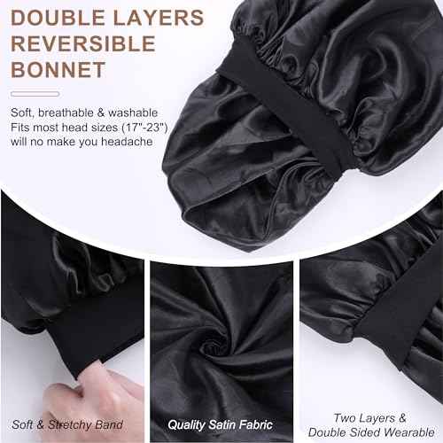 MoHern 2PCS Bonnets for Men, Double Layer Satin Hair Bonnet for Sleeping, Reversible Night Cap, for Curly Hair, Satin Bonnet for Black Men and Women (Black)