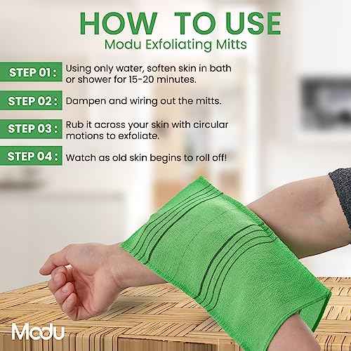 Modu Korean Exfoliating Mitts Large 4PCS (Green, Yellow, Sky Blue, Pink) ? Exfoliating Gloves Body Scrubber Italy Towel Washcloth for Korean Spa at Home, Dead Skin Remover, 100% Vegan Viscose