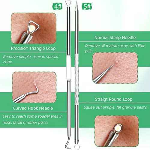 5PCS Blackhead Remover Comedone Extractor, Curved Blackhead Tweezers Kit, Professional Stainless Pimple Acne Blemish Removal Tools Kit for Manual