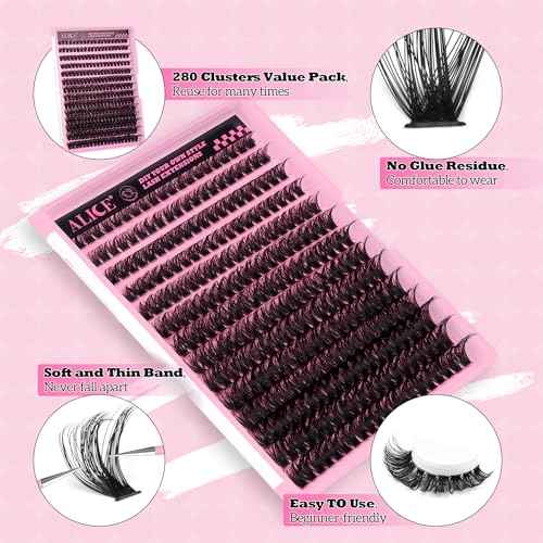 280Pcs Wispy Individual Lashes DIY Eyelash Extensions 8-16MM D-Curly Lash Extensions Lash Clusters 80D Cluster Eyelashes DIY at Home by ALICE