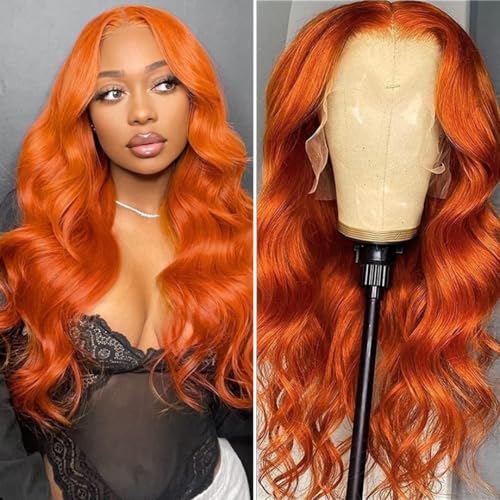 ALHER #350 Ginger Orange Lace Frontal Wig Body Wave 180% Density, Copper Colored 13x4 HD Lace Front Wig Pre Plucked With Baby Hair Ear to Ear, 100% Virgin Remy Human Hair for Black Women 20 IN