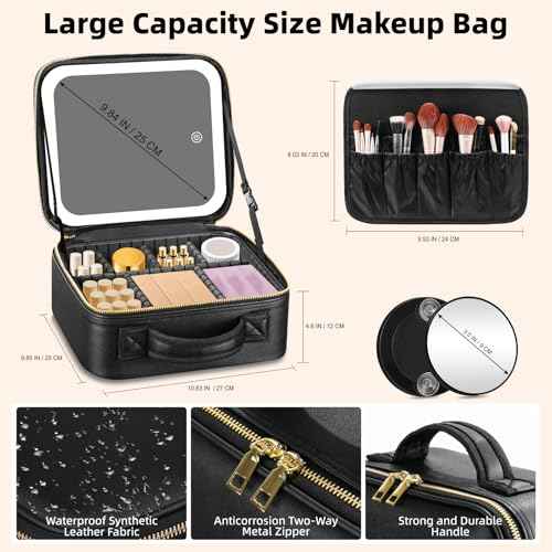 Travel Makeup Bag with Mirror of LED Lighted, Makeup Train Case with Adjustable Dividers, Makeup Case with Mirror and Detachable 10x Magnifying Mirror
