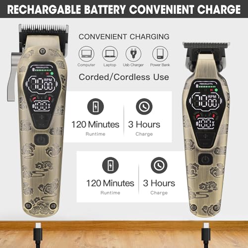 Professional Hair Clipper for Men - Cordless Clippers and Trimmers Set, Heavy-Duty Motor Hair Cutting Kits with LED Display, 7000RPM High-Power Motor, USB Charging, Gifts for Men, Bronze