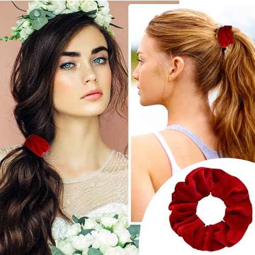 4 Pcs Hair Scrunchies Velvet Elastic Hair Band Thick Large Soft Scrunchy Ropes Curly Ponytail Holder Ties Gift for Wristband Girls Women Hair Accessories Valentine's Day(Red)