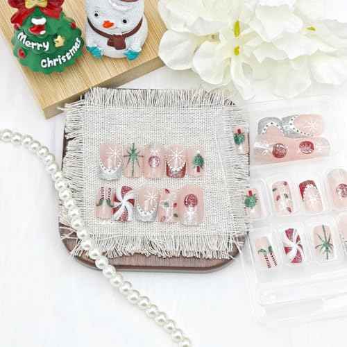 24Pcs Cute Christmas Press on Nails Medium Square French Tip Fake Nails Candy Canes Christmas Tree Light Gift Design Full Cover Xmas Glue on Nails Winter False Nails Glitter Stick on Nail for Women