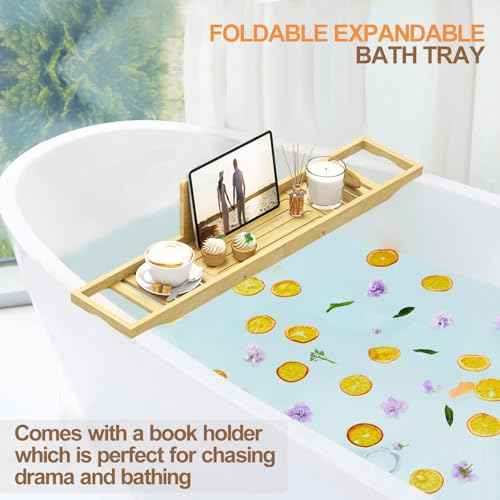 Bathtub Tray Caddy - Bath Tray - Bath Tub Table Tray Caddy - Bamboo Bath Tray for Tub
