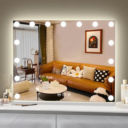 Hansong RGB Vanity Mirror with Lights 23" x 18" LED Hollywood Mirror Makeup Mirror with 15 Dimmable Bulbs and 10X Magnification 3 Colors Modes Touch Control
