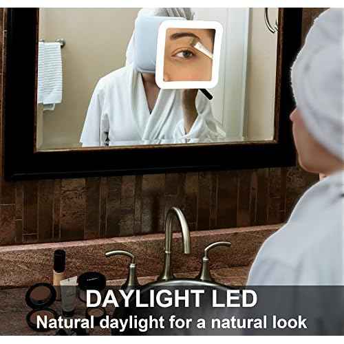 Fancii 10X Magnifying Lighted Makeup Mirror - Daylight LED Vanity Mirror - Compact, Cordless, Locking Suction, 6.5" Wide, 360 Rotation, Portable Illuminated Bathroom Mirror (Square)