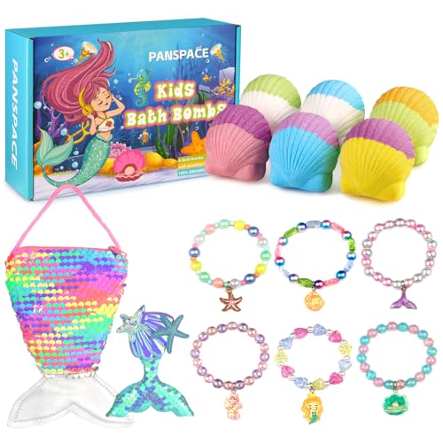 Bath Bombs for Kids with Surprise Inside, 6 PCS Natural Organic Bath Bombs for Girls & Toddlers Aged 3-12, Kids Bath Bombs Gift Set with Mermaid Bracelets Hair Clip Jewelry for Birthday Christmas