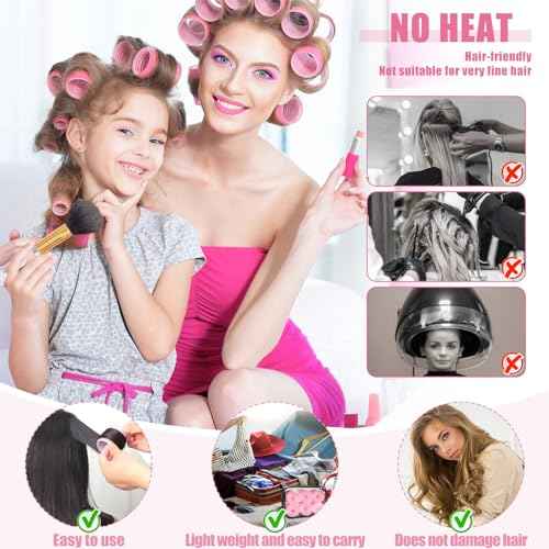 4 Sizes Self-Grip Hair Rollers Set for Long, Short Hair and Bangs - 50 Pcs with Clips (25mm, 36mm, 48mm, 60mm), Pink