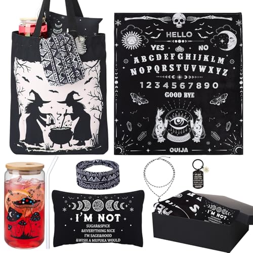 7 Pcs Witchy Gifts for Women Gothic Ouija Blanket Astrology Witch Canvas Tote Bag Makeup Bag Glass Cup Necklace Witchy Stuff Spooky Favors Gothic Gifts for Women