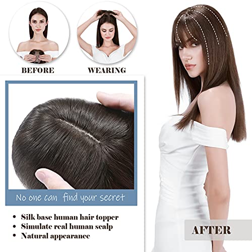 Hairro Human Hair Toppers With Bangs Clip In Remy Topper Hairpiece For Women Silk Base Clip On Toupee With Wispy Air Bang For Thinning Hair Loss 10 Inch 33g #2 Dark Brown