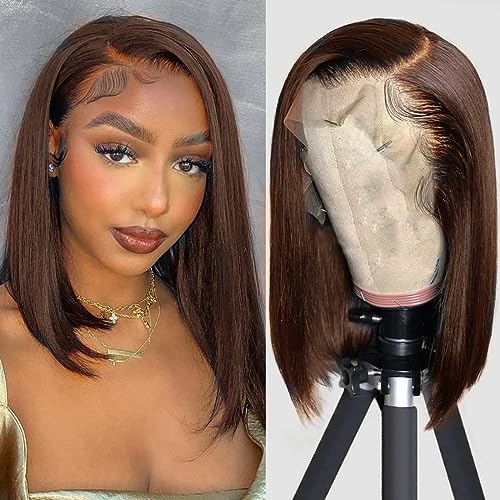 Brown Bob Wig Human Hair 13x4 HD Lace Front Wig 100% Unprocessed Brazilian Virgin Human Hair #4 Bob Wigs Pre Plucked Natural Hairline with Baby Hair Brown Color Bob for Women(14")