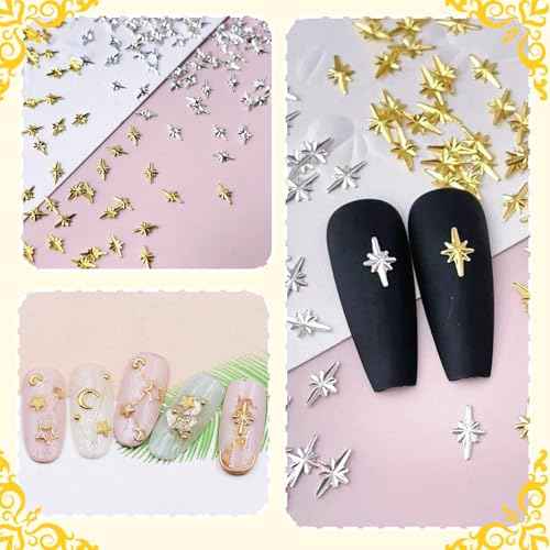 Star Nail Charms and Gold Nail Studs, Star Starshine Cross Metal Gold Nail Art Studs, Mixed Gold Silver Star Nail Charms and Gems, Golden Star Nail Art Charms, 3D Star Charms for Nail Art Y2K Decor