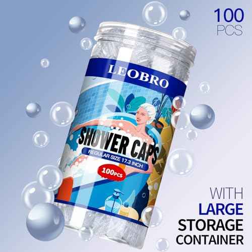 LEOBRO 100PCS Disposable Shower Caps, Shower Caps for Women Disposable, Clear Plastic Shower Cap, Plastic Hair Caps for Hair Treatment, Regular Size 17.3 INCH