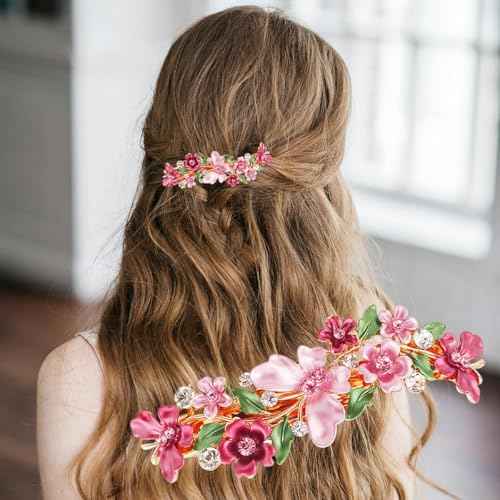 2 PCS Vintage Flower Jewelry Design Hairpin,Pink Rhinestone Flower Hair Clips Hair Barrette for Women and Girls French Style Hair clips Hair Accessories