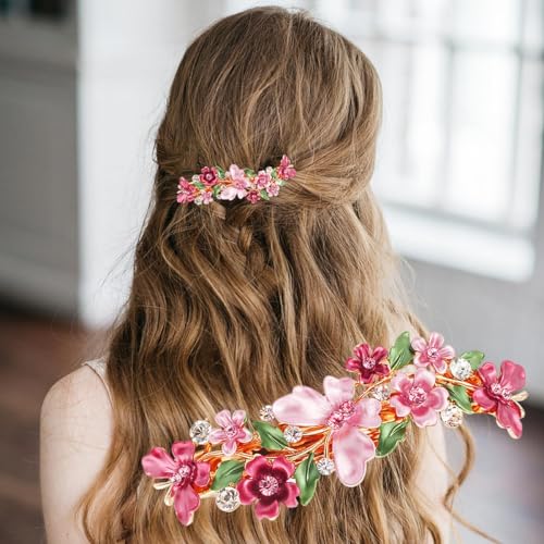 2 PCS Vintage Flower Jewelry Design Hairpin,Pink Rhinestone Flower Hair Clips Hair Barrette for Women and Girls French Style Hair clips Hair Accessories