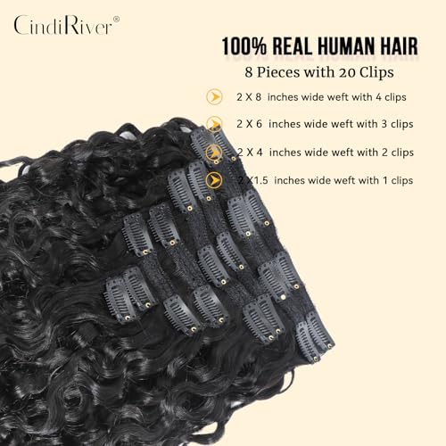 Curly Clip in Hair Extensions,Real Human Hair Water Wave Clip in Hair Extensions for Women,Remy Human Curly Clip ins Human Hair 8 Pcs with 20 Clips,22 inch